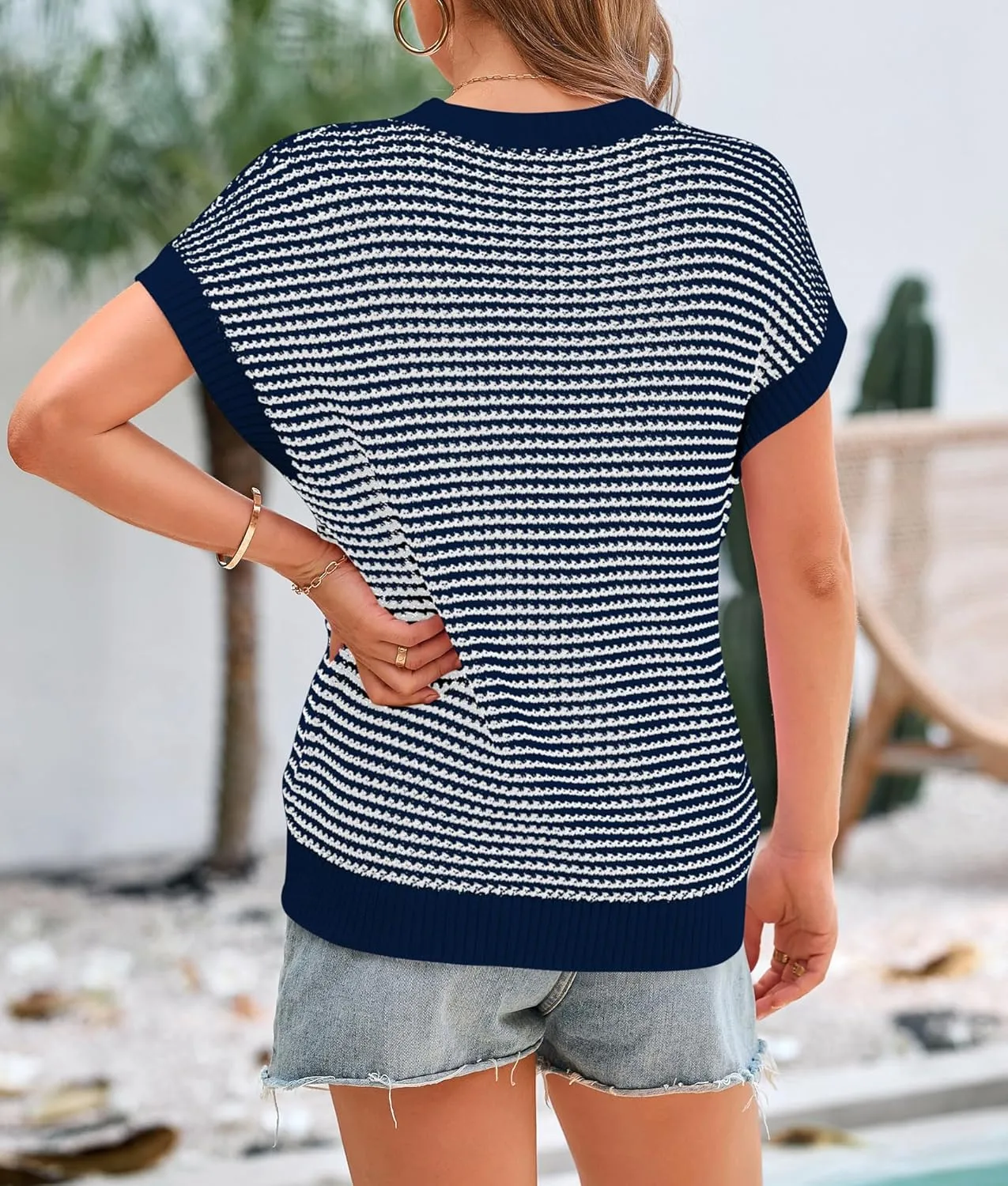 PRETTYGARDEN Womens Short Sleeve Sweater Spring Summer 2025 Round Neck Striped Pullover Cap Sleeve Knit Sweater Vest Tops