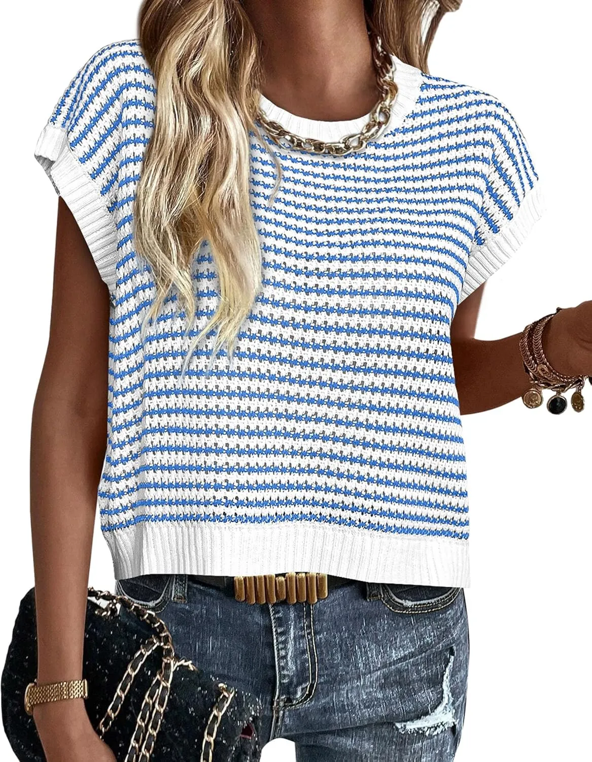 PRETTYGARDEN Womens Short Sleeve Sweater Spring Summer 2025 Round Neck Striped Pullover Cap Sleeve Knit Sweater Vest Tops