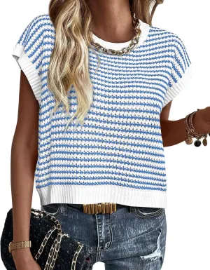 PRETTYGARDEN Womens Short Sleeve Sweater Spring Summer 2025 Round Neck Striped Pullover Cap Sleeve Knit Sweater Vest Tops