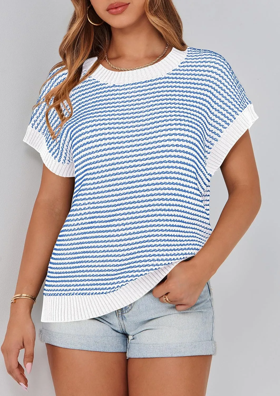 PRETTYGARDEN Womens Short Sleeve Sweater Spring Summer 2025 Round Neck Striped Pullover Cap Sleeve Knit Sweater Vest Tops