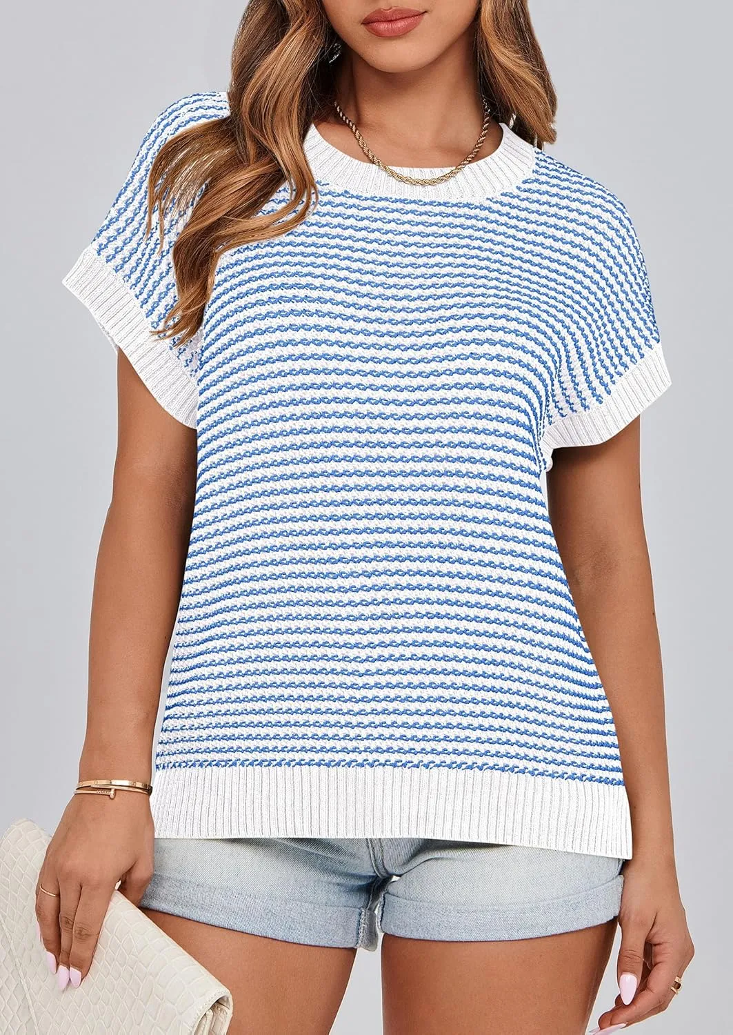 PRETTYGARDEN Womens Short Sleeve Sweater Spring Summer 2025 Round Neck Striped Pullover Cap Sleeve Knit Sweater Vest Tops