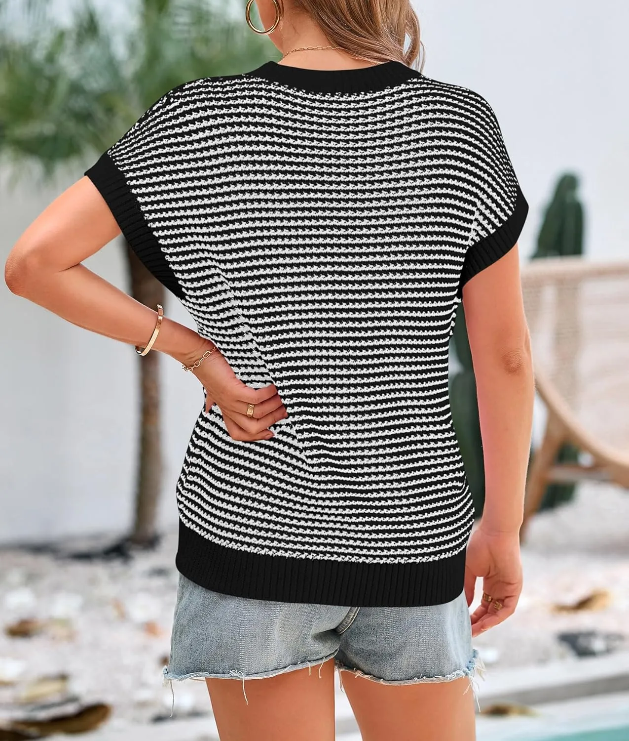 PRETTYGARDEN Womens Short Sleeve Sweater Spring Summer 2025 Round Neck Striped Pullover Cap Sleeve Knit Sweater Vest Tops