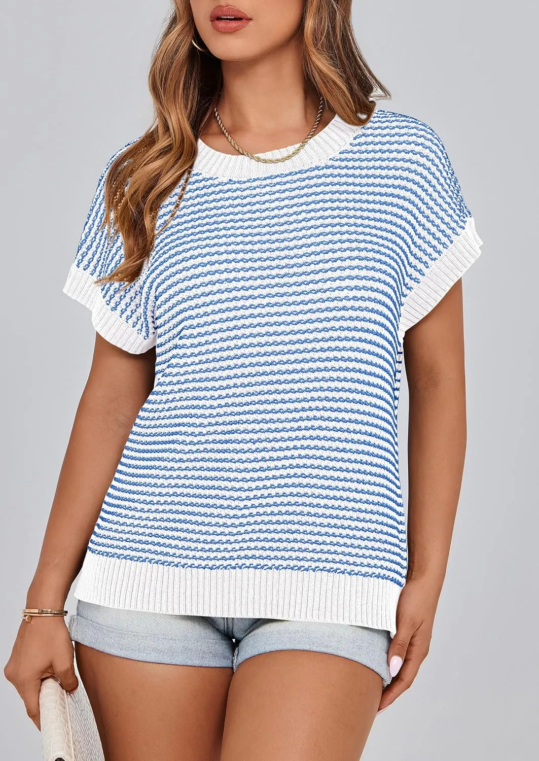 PRETTYGARDEN Womens Short Sleeve Sweater Spring Summer 2025 Round Neck Striped Pullover Cap Sleeve Knit Sweater Vest Tops