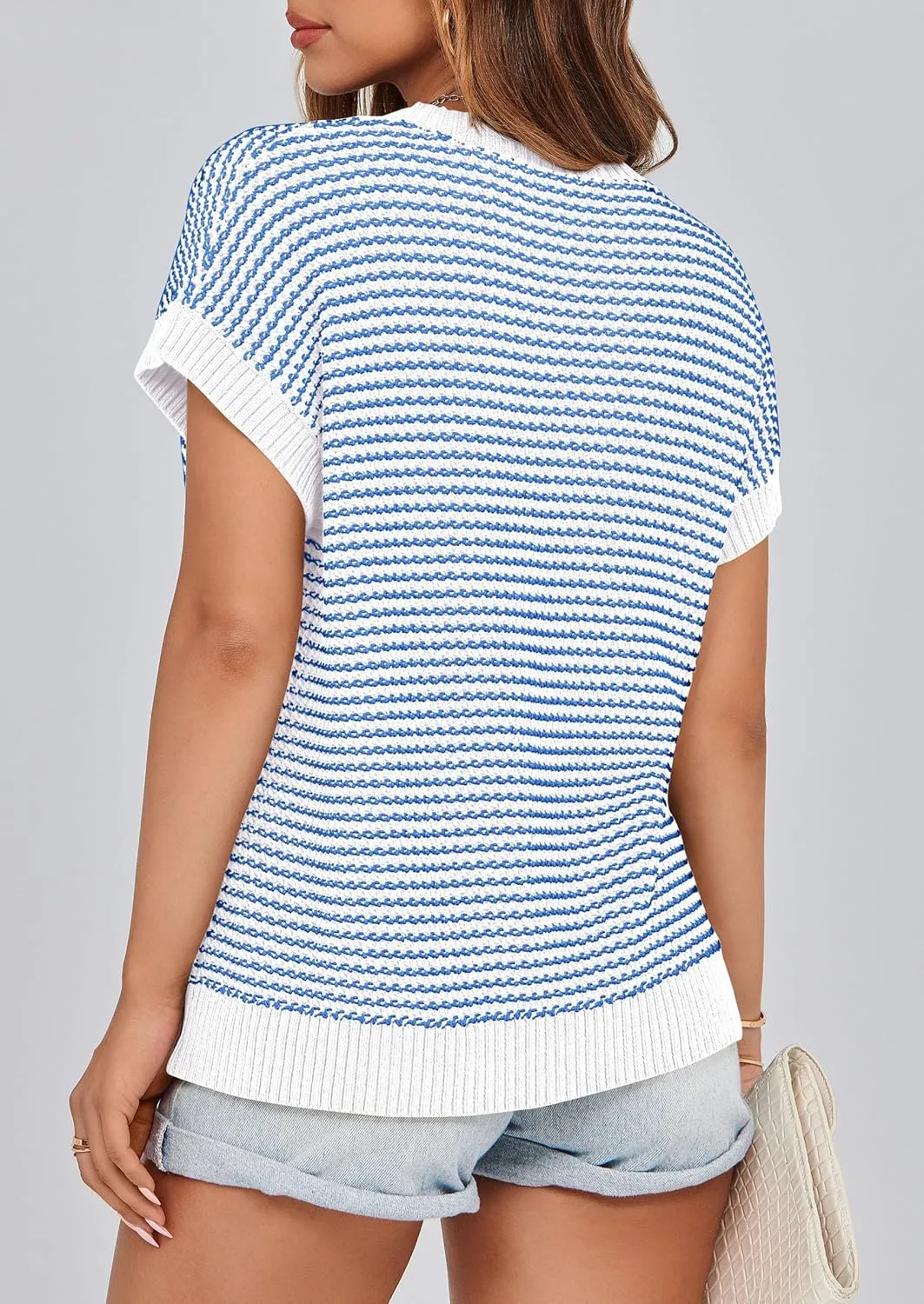 PRETTYGARDEN Womens Short Sleeve Sweater Spring Summer 2025 Round Neck Striped Pullover Cap Sleeve Knit Sweater Vest Tops