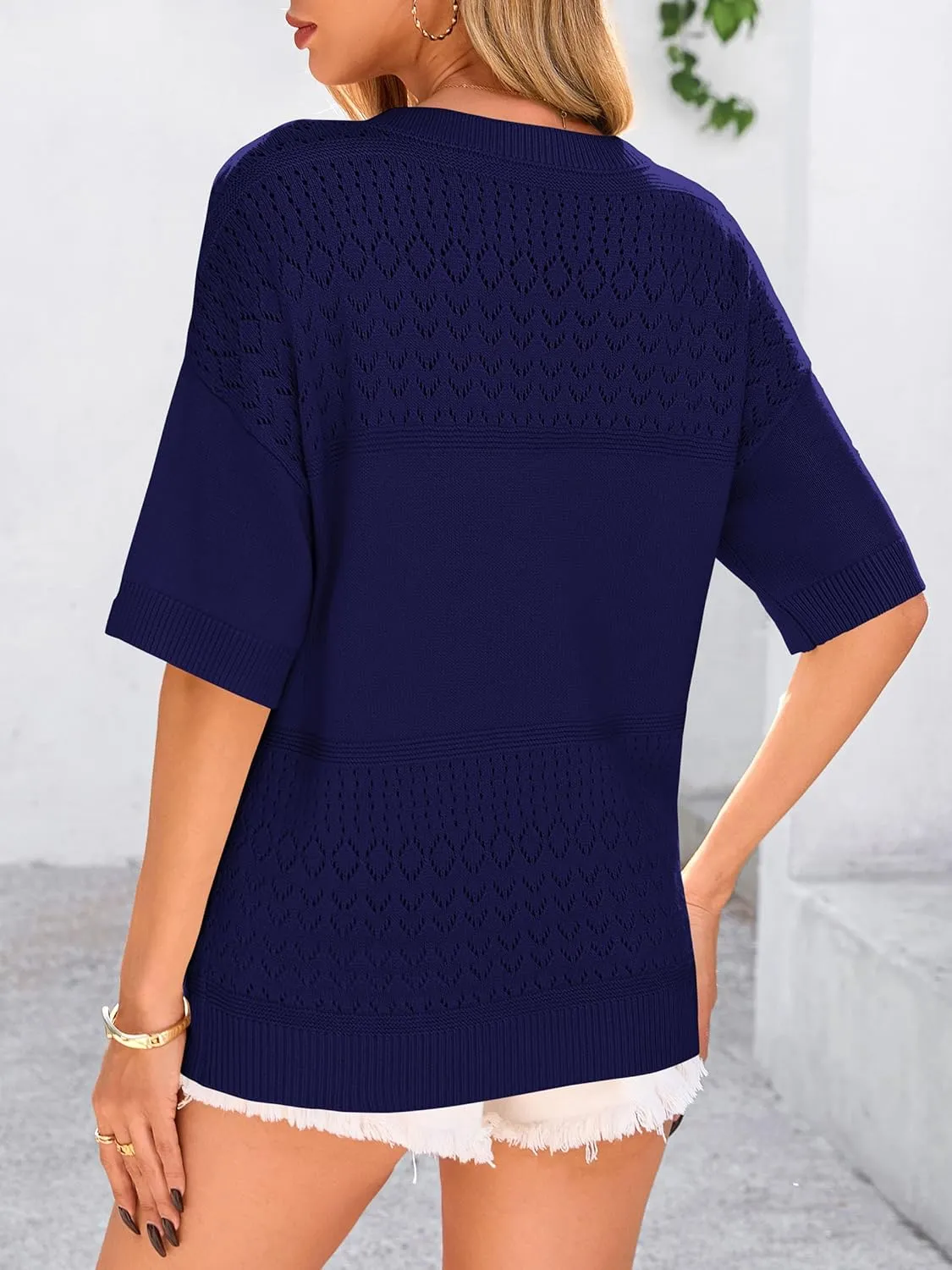 PRETTYGARDEN Women's Short Sleeve Sweater Tops 2025 Spring Summer Casual V Neck Ribbed Knit Trendy Eyelet Blouse T Shirts