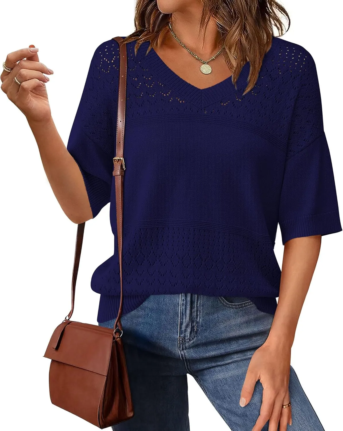 PRETTYGARDEN Women's Short Sleeve Sweater Tops 2025 Spring Summer Casual V Neck Ribbed Knit Trendy Eyelet Blouse T Shirts