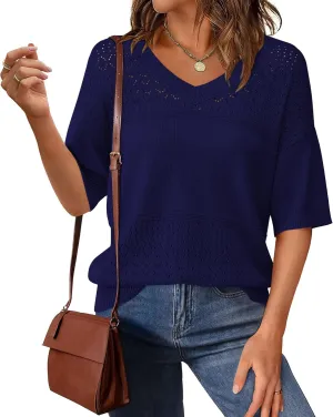 PRETTYGARDEN Women's Short Sleeve Sweater Tops 2025 Spring Summer Casual V Neck Ribbed Knit Trendy Eyelet Blouse T Shirts