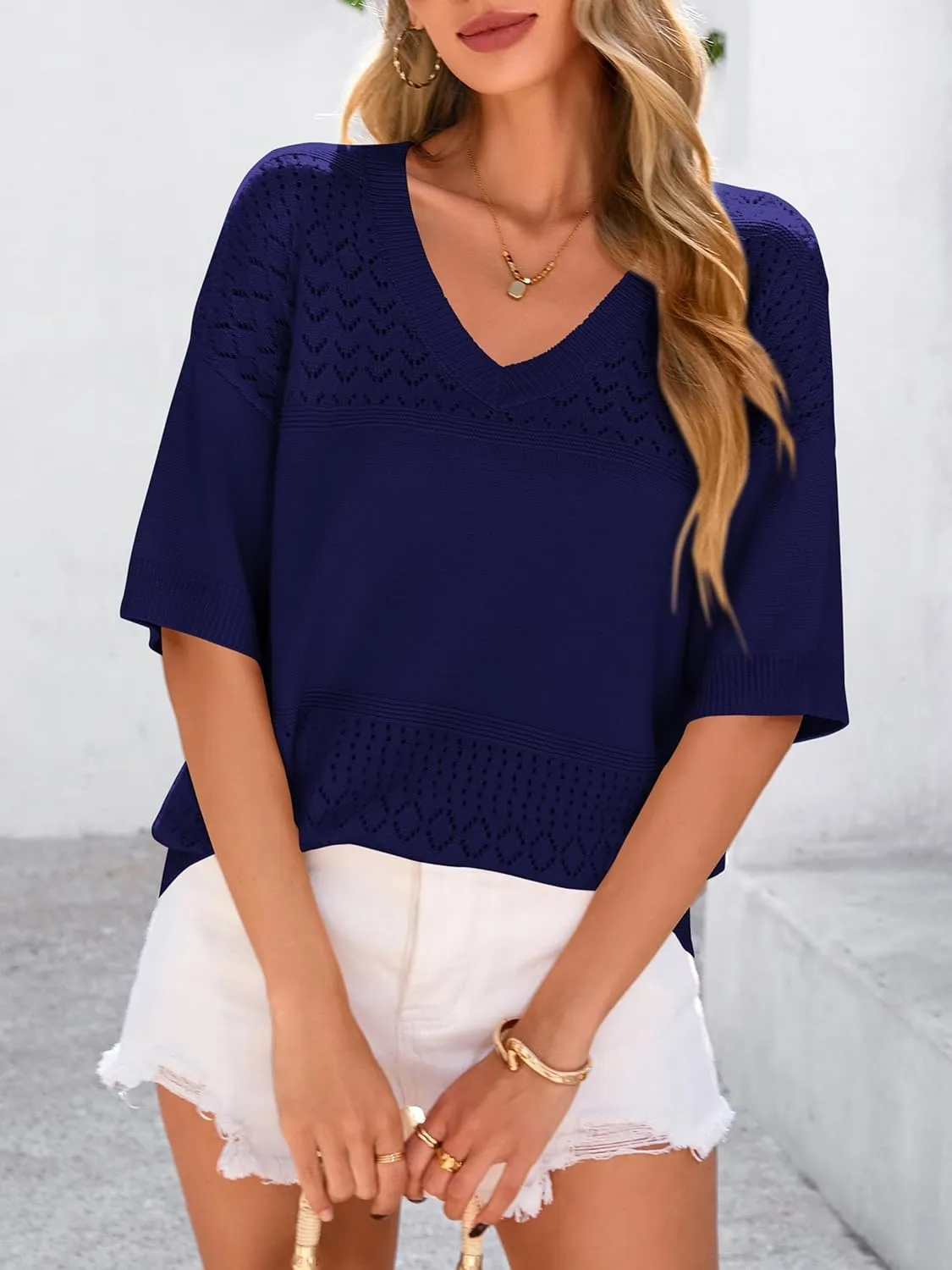 PRETTYGARDEN Women's Short Sleeve Sweater Tops 2025 Spring Summer Casual V Neck Ribbed Knit Trendy Eyelet Blouse T Shirts