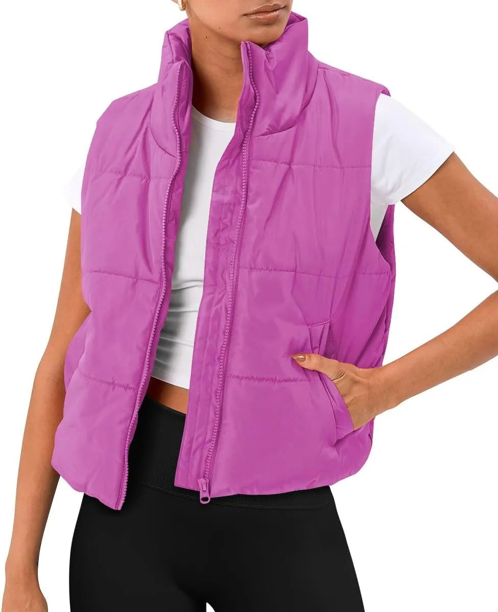 Puffer Vest Women Sleeveless Cropped Stand Collar Lightweight Padded Outerwear with Pockets Fall Winter 2024