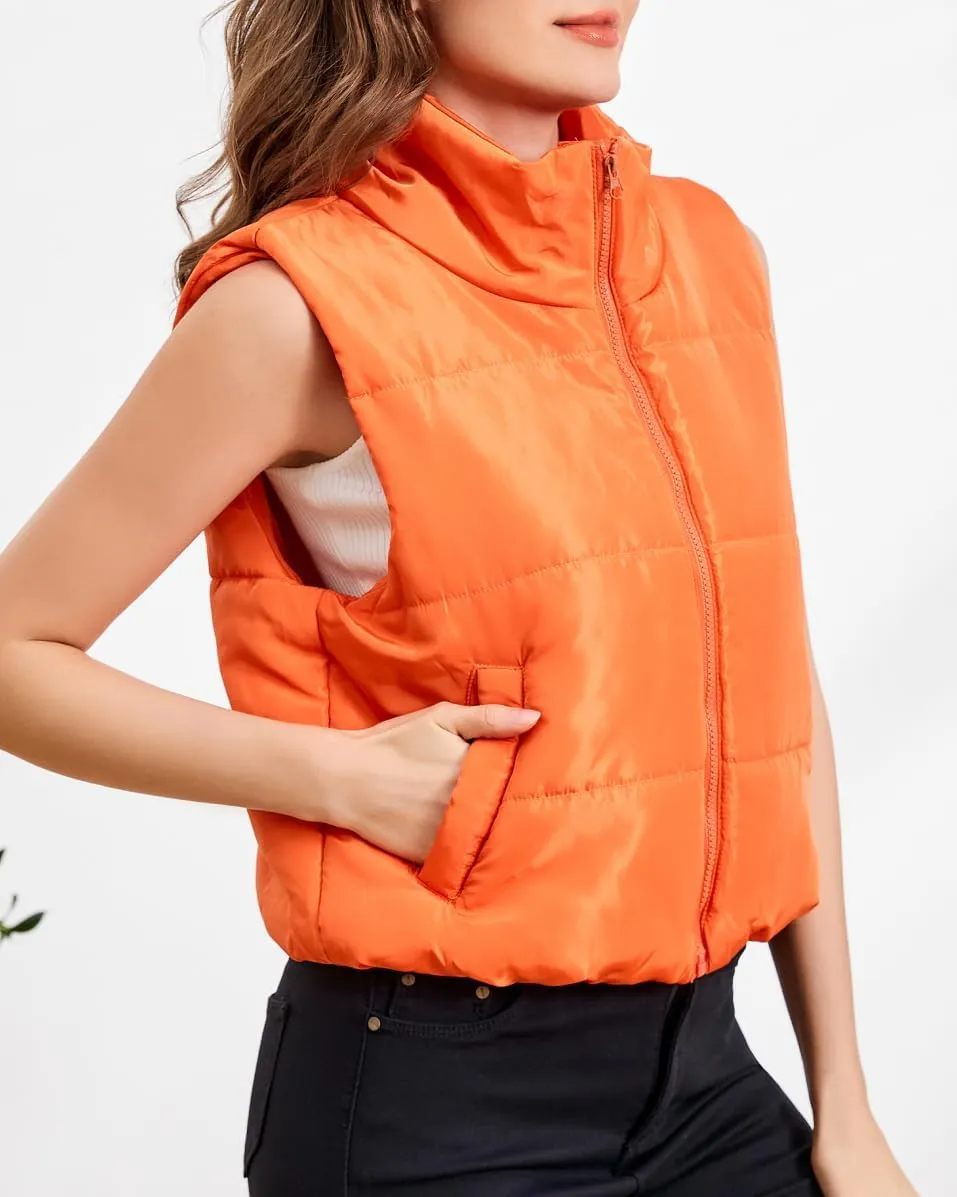 Puffer Vest Women Sleeveless Cropped Stand Collar Lightweight Padded Outerwear with Pockets Fall Winter 2024