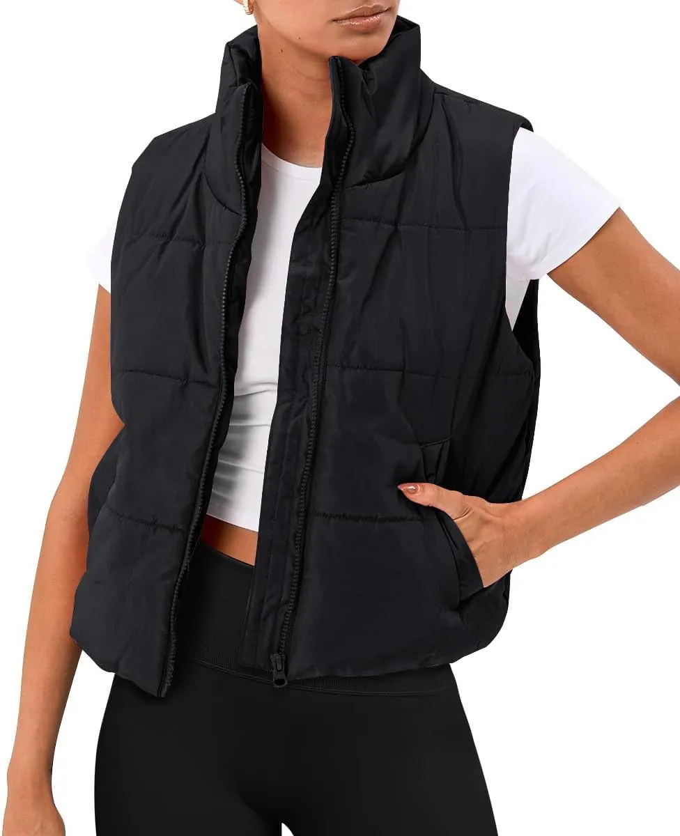 Puffer Vest Women Sleeveless Cropped Stand Collar Lightweight Padded Outerwear with Pockets Fall Winter 2024