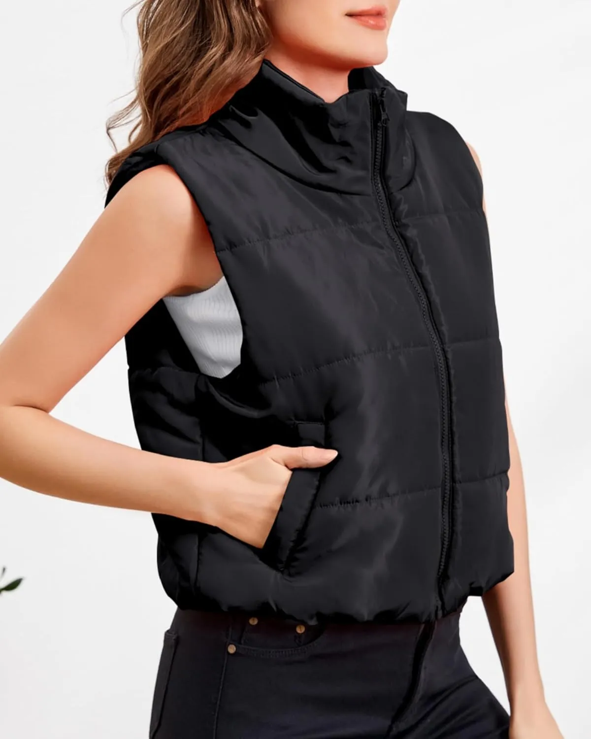 Puffer Vest Women Sleeveless Cropped Stand Collar Lightweight Padded Outerwear with Pockets Fall Winter 2024