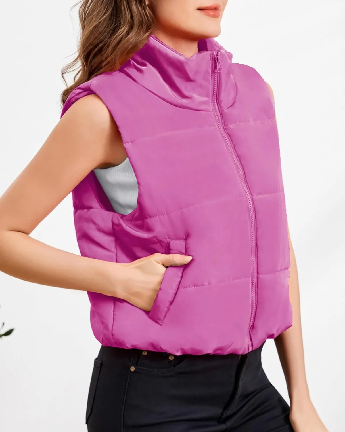 Puffer Vest Women Sleeveless Cropped Stand Collar Lightweight Padded Outerwear with Pockets Fall Winter 2024
