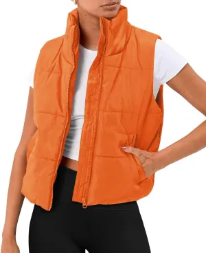 Puffer Vest Women Sleeveless Cropped Stand Collar Lightweight Padded Outerwear with Pockets Fall Winter 2024