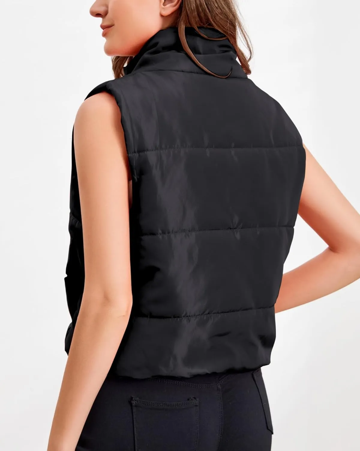 Puffer Vest Women Sleeveless Cropped Stand Collar Lightweight Padded Outerwear with Pockets Fall Winter 2024