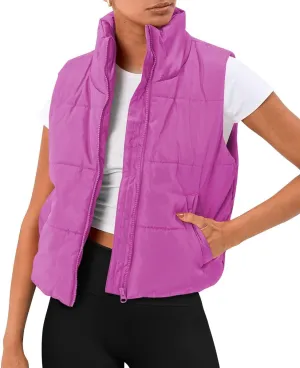 Puffer Vest Women Sleeveless Cropped Stand Collar Lightweight Padded Outerwear with Pockets Fall Winter 2024