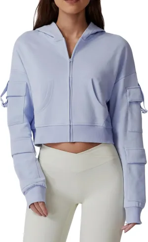QINSEN Hoodies for Women Full Zip Up Cropped Jacket Long Sleeves with Cargo Pockets Sweatshirts Tops