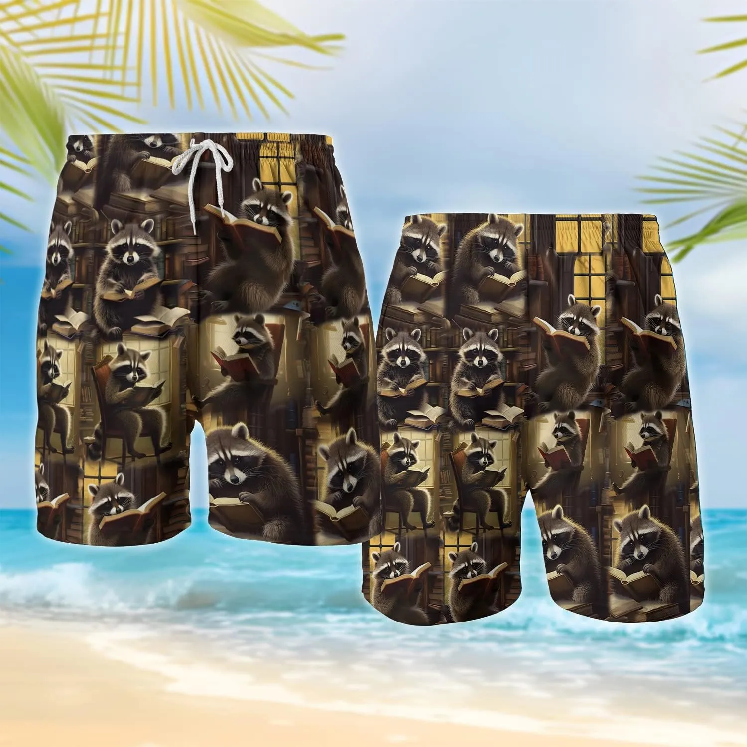 Raccoon Mens Shorts - Animal Hawaiian Shorts for Men - Drawstring Beach Shorts, Mens Swimming Trunks Set 1