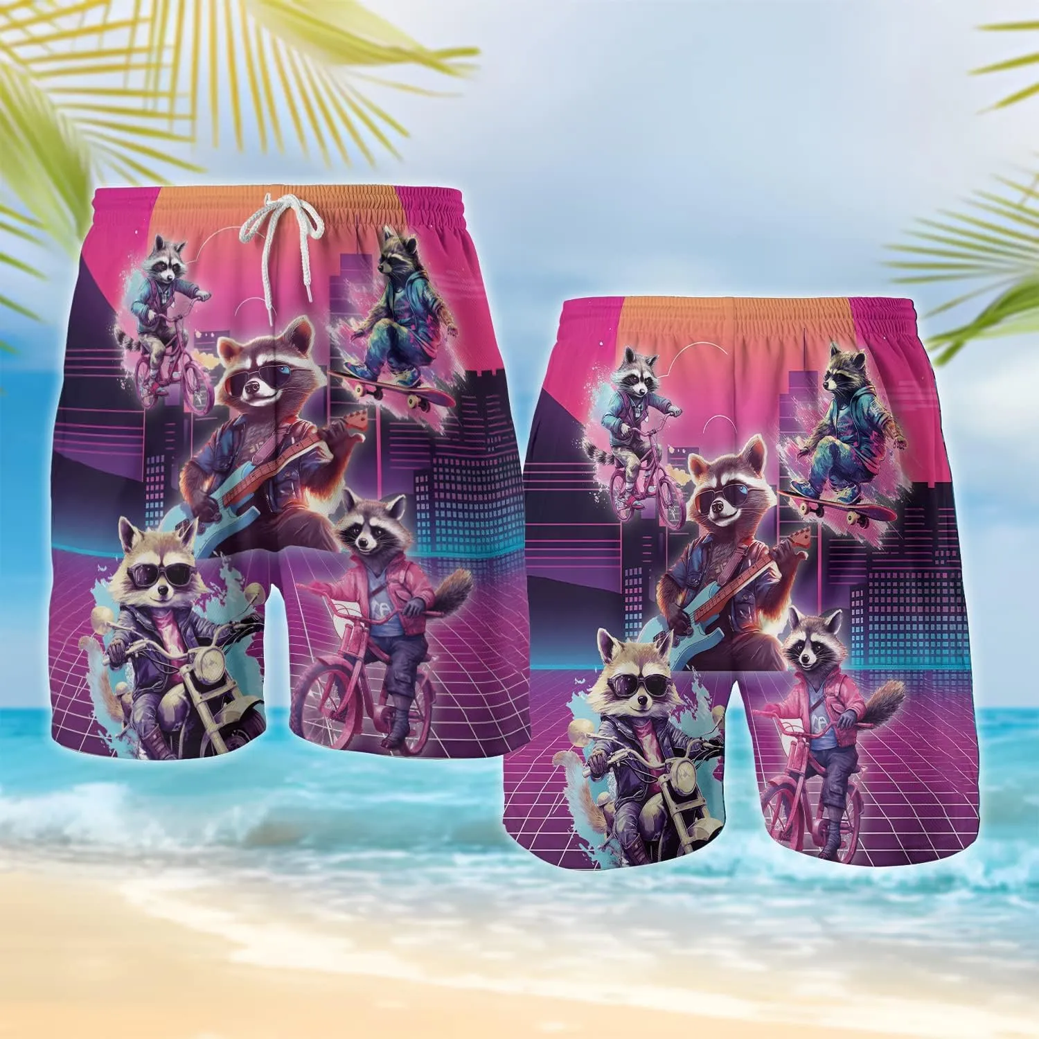 Raccoon Mens Shorts - Animal Hawaiian Shorts for Men - Drawstring Beach Shorts, Mens Swimming Trunks Set 1