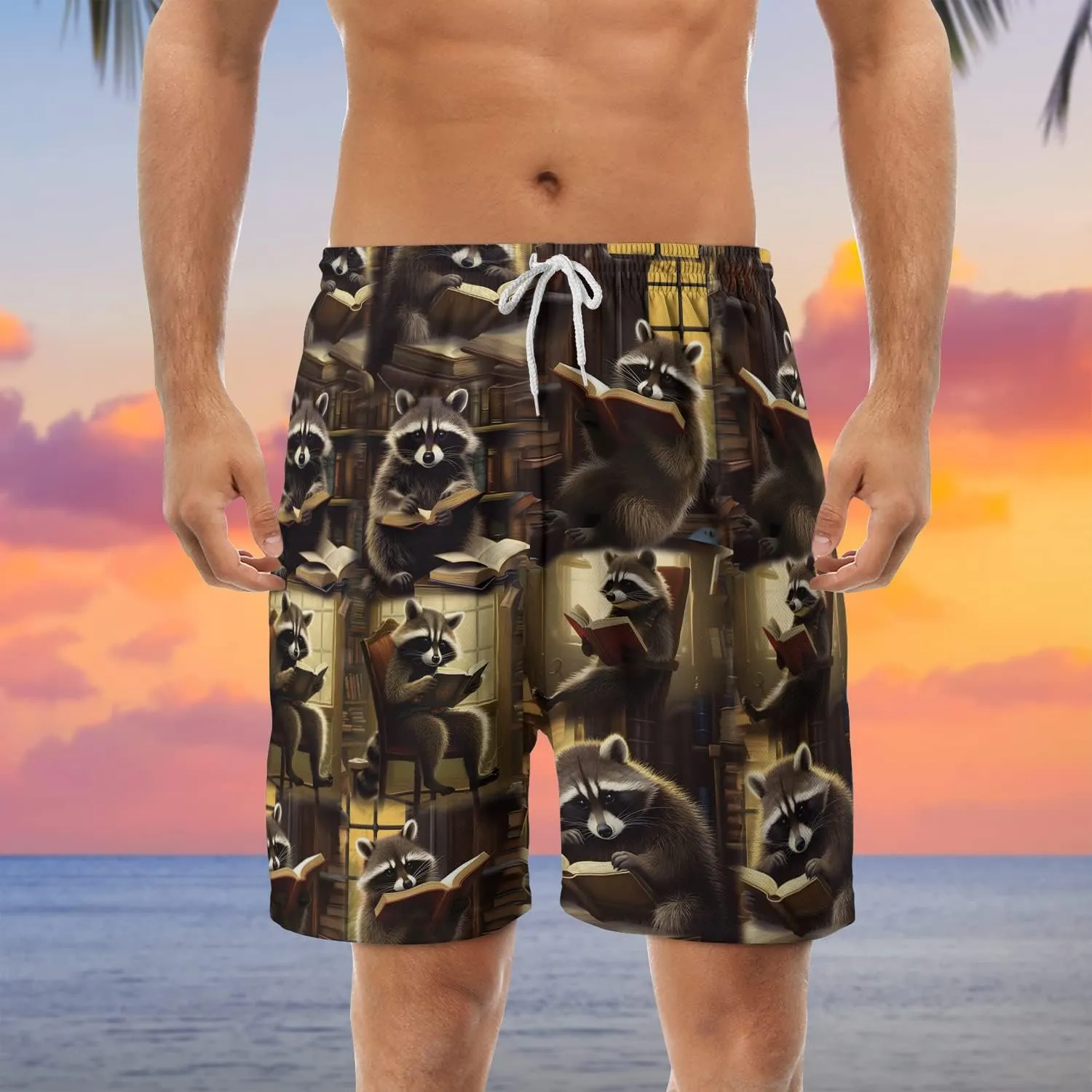 Raccoon Mens Shorts - Animal Hawaiian Shorts for Men - Drawstring Beach Shorts, Mens Swimming Trunks Set 1