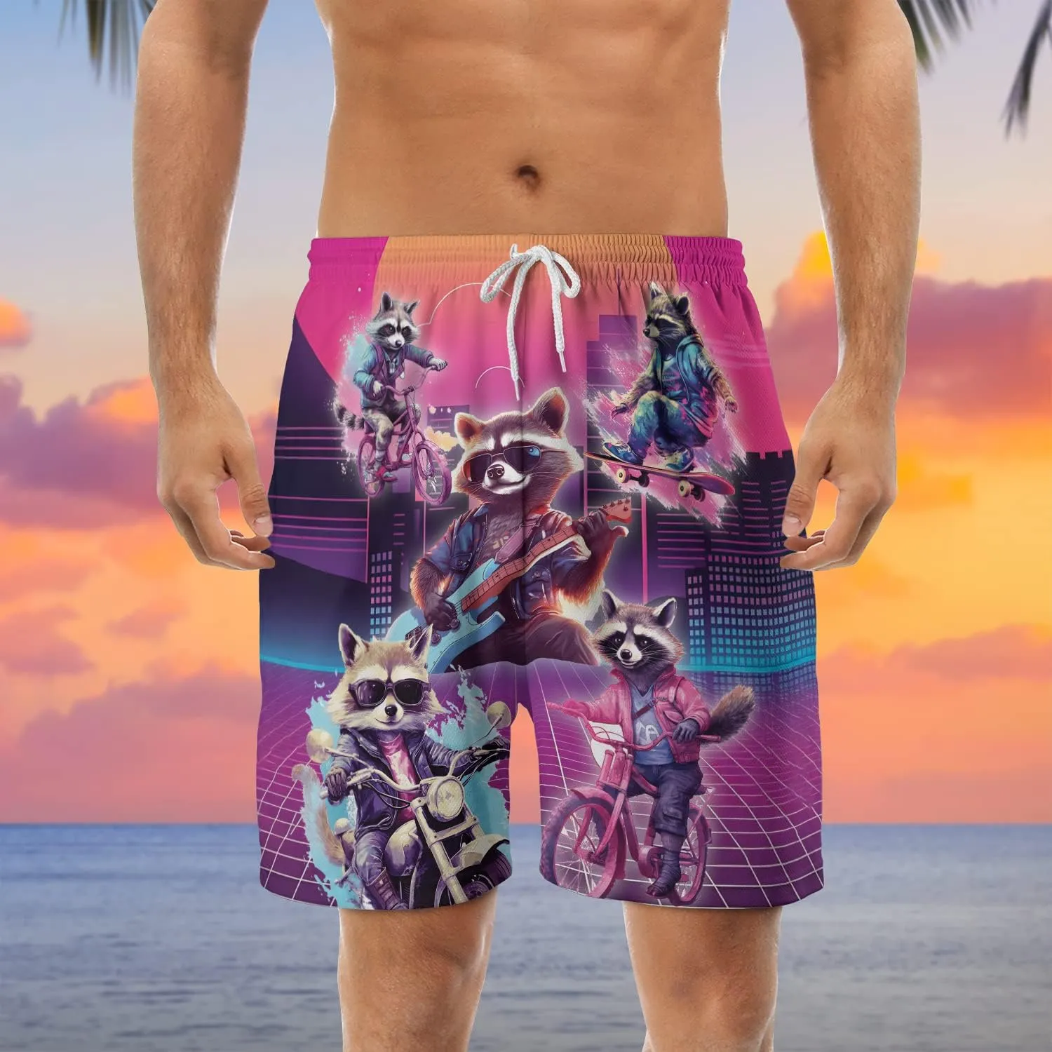 Raccoon Mens Shorts - Animal Hawaiian Shorts for Men - Drawstring Beach Shorts, Mens Swimming Trunks Set 1