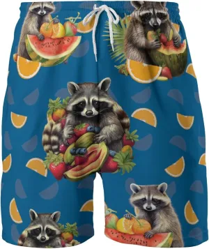 Racoon Mens Swim Trunks - Animal Hawaiian Mens Shorts - Summer Drawstring Beachwear Shorts Series 14