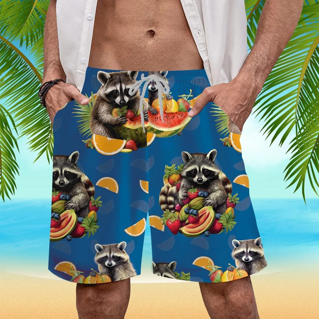 Racoon Mens Swim Trunks - Animal Hawaiian Mens Shorts - Summer Drawstring Beachwear Shorts Series 14