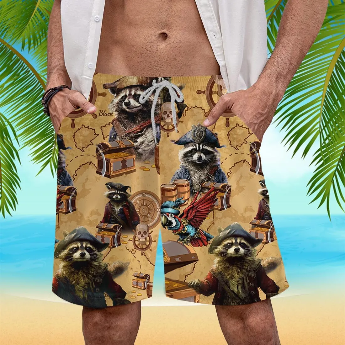 Racoon Mens Swim Trunks - Animal Hawaiian Mens Shorts - Summer Drawstring Beachwear Shorts Series 14