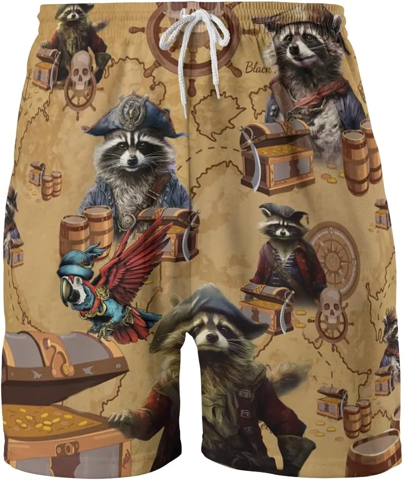 Racoon Mens Swim Trunks - Animal Hawaiian Mens Shorts - Summer Drawstring Beachwear Shorts Series 14