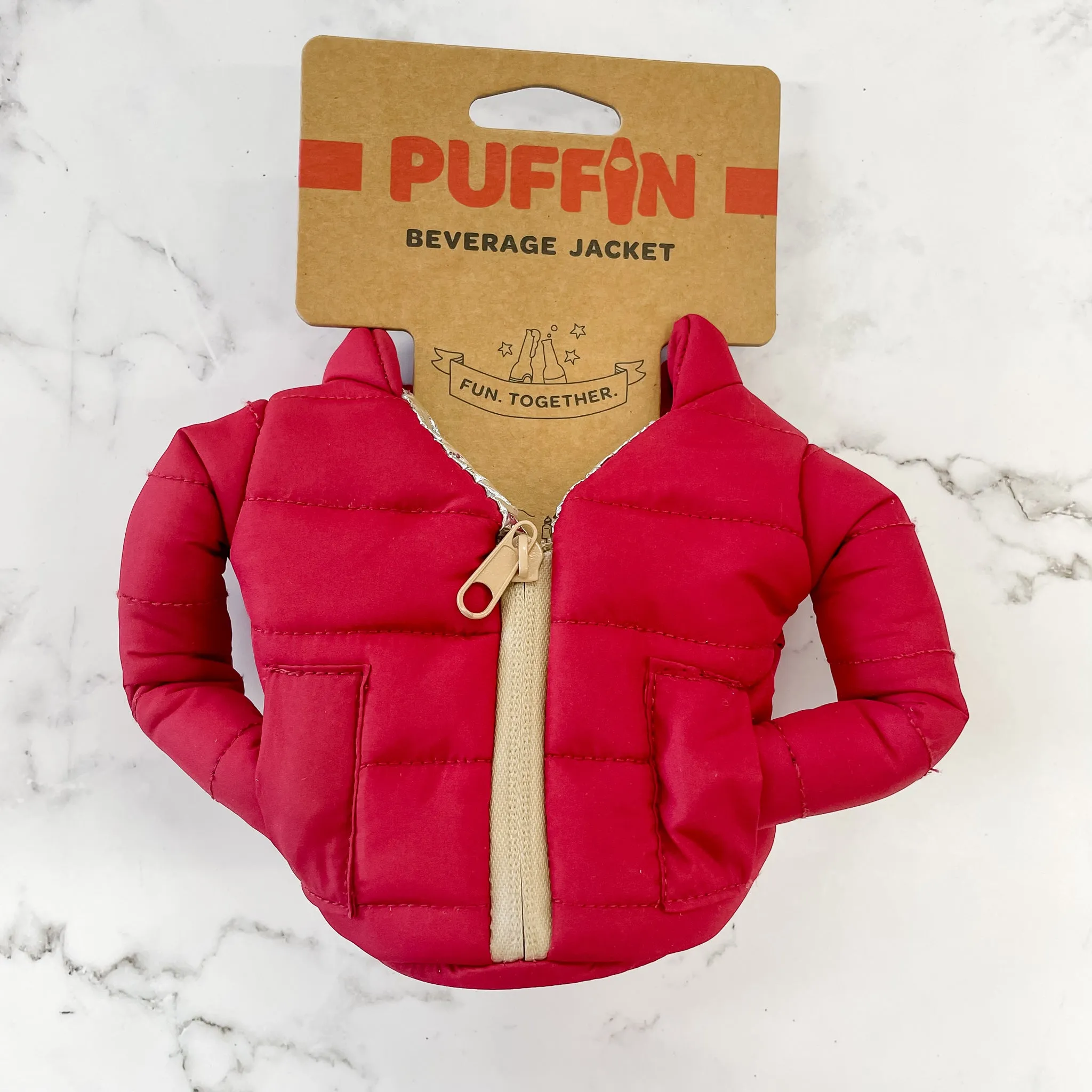 Red and Tan Puffin Beverage Jacket