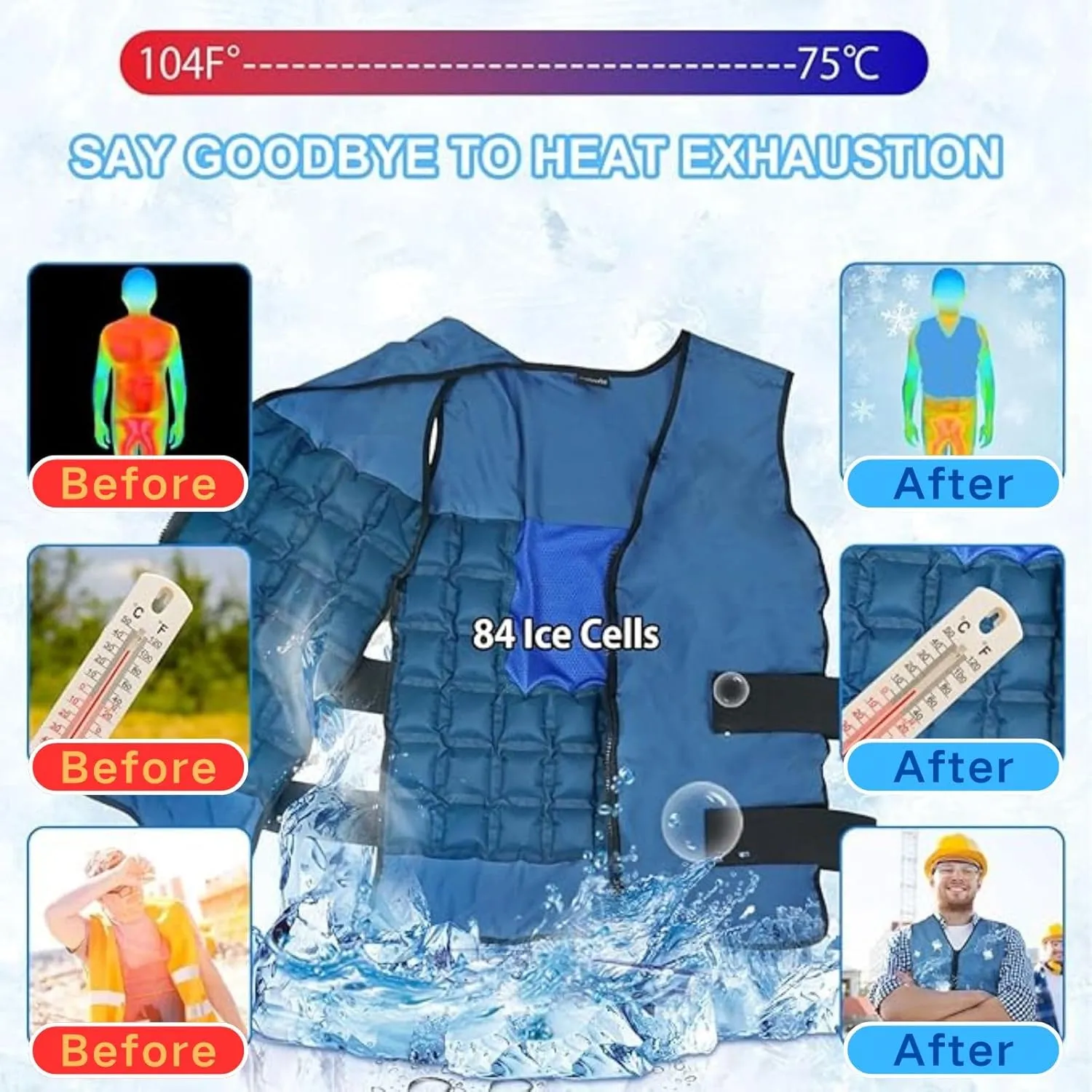 Reusable Cooling Vest, Adjustable Lightweight Vest (Navy Blue) with Ice Cells, Full Body Heat Relief for Riding, Running