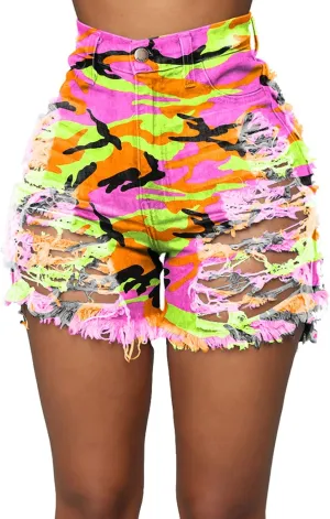 Romastory Womens High Waisted Jean Shorts Ripped Tie-dye Stretchy Denim Shorts for Women
