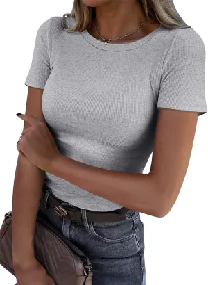 Roselux Women Crew Neck Ribbed Fitted Tight Tshirt Short Sleeve Shirt Basic Knit Top
