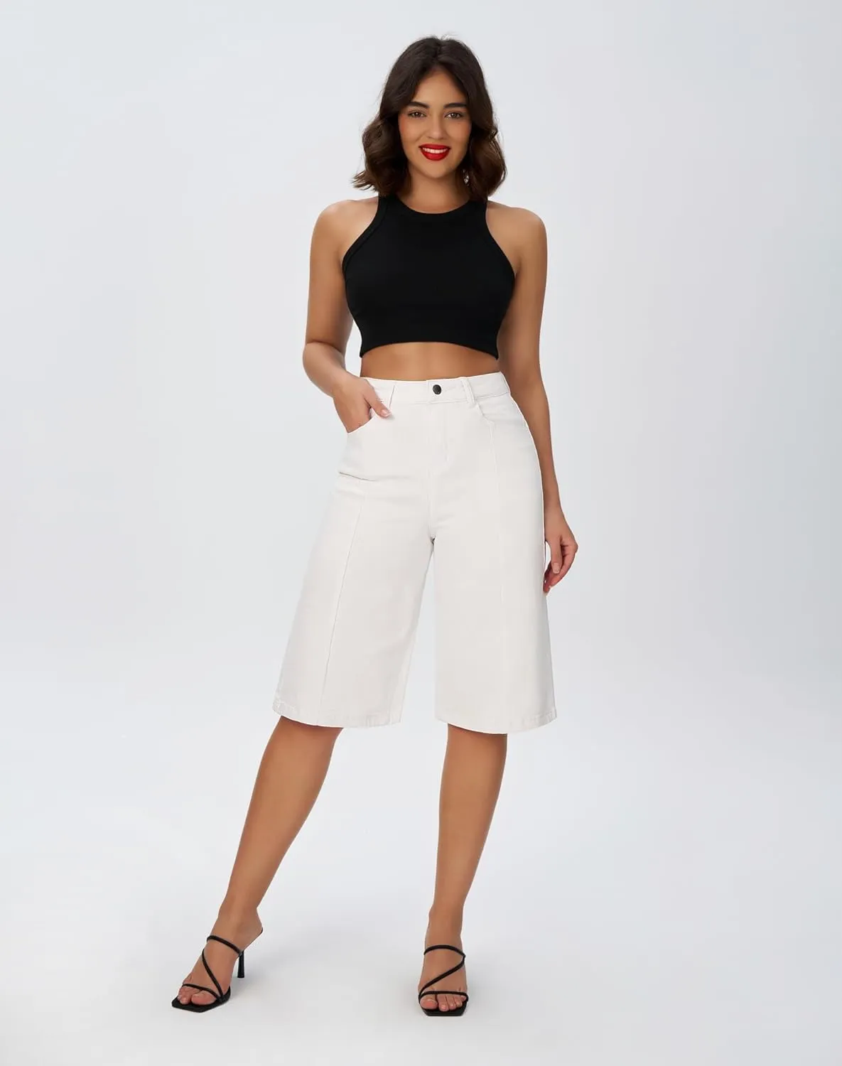 roswear Women's Baggy Jean Shorts High Waisted Stretchy Wide Leg Long Denim Bermuda Shorts