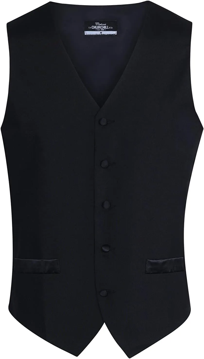 S.H. Churchill & Co. Mens 100% Wool Formal Vest and Tie Set  Includes Black Vest and Matching Black Satin Bow Tie