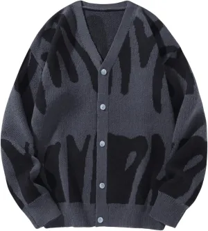 SHENHE Men's Graphic Sweater Button Down Long Sleeve V Neck Cardgian Sweater Streetwear