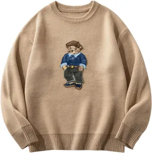SHENHE Men's Oversized Crew Neck Cute Bear Sweater Vintage Unisex Preppy Sweater Jumper