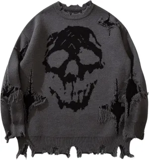SHENHE Men's Oversized Skull Sweater Gothic Crewneck Long Sleeve Ripped Punk Sweater Pullover