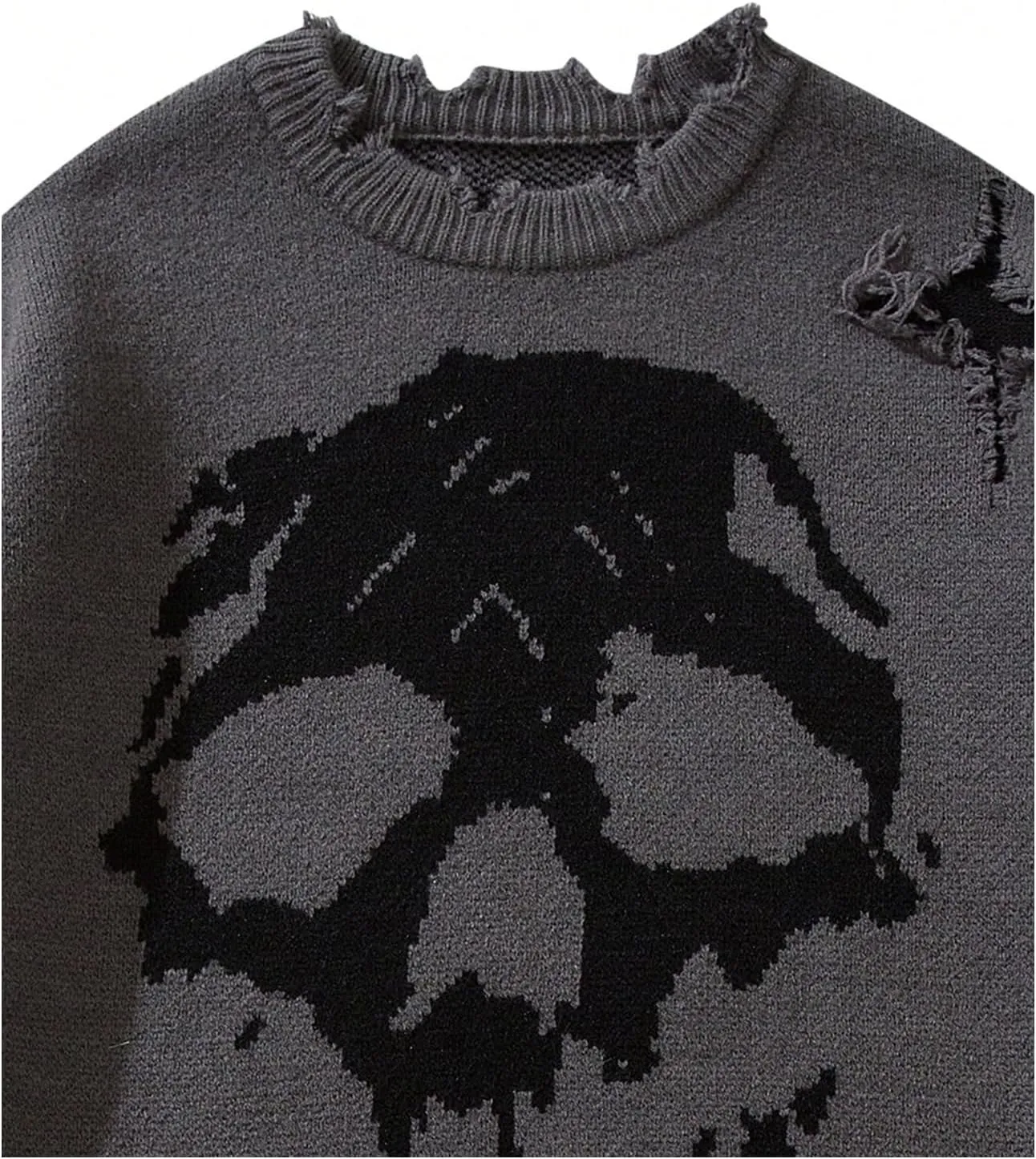 SHENHE Men's Oversized Skull Sweater Gothic Crewneck Long Sleeve Ripped Punk Sweater Pullover