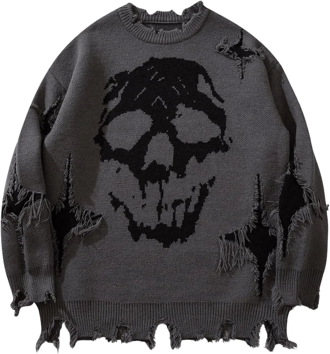 SHENHE Men's Oversized Skull Sweater Gothic Crewneck Long Sleeve Ripped Punk Sweater Pullover
