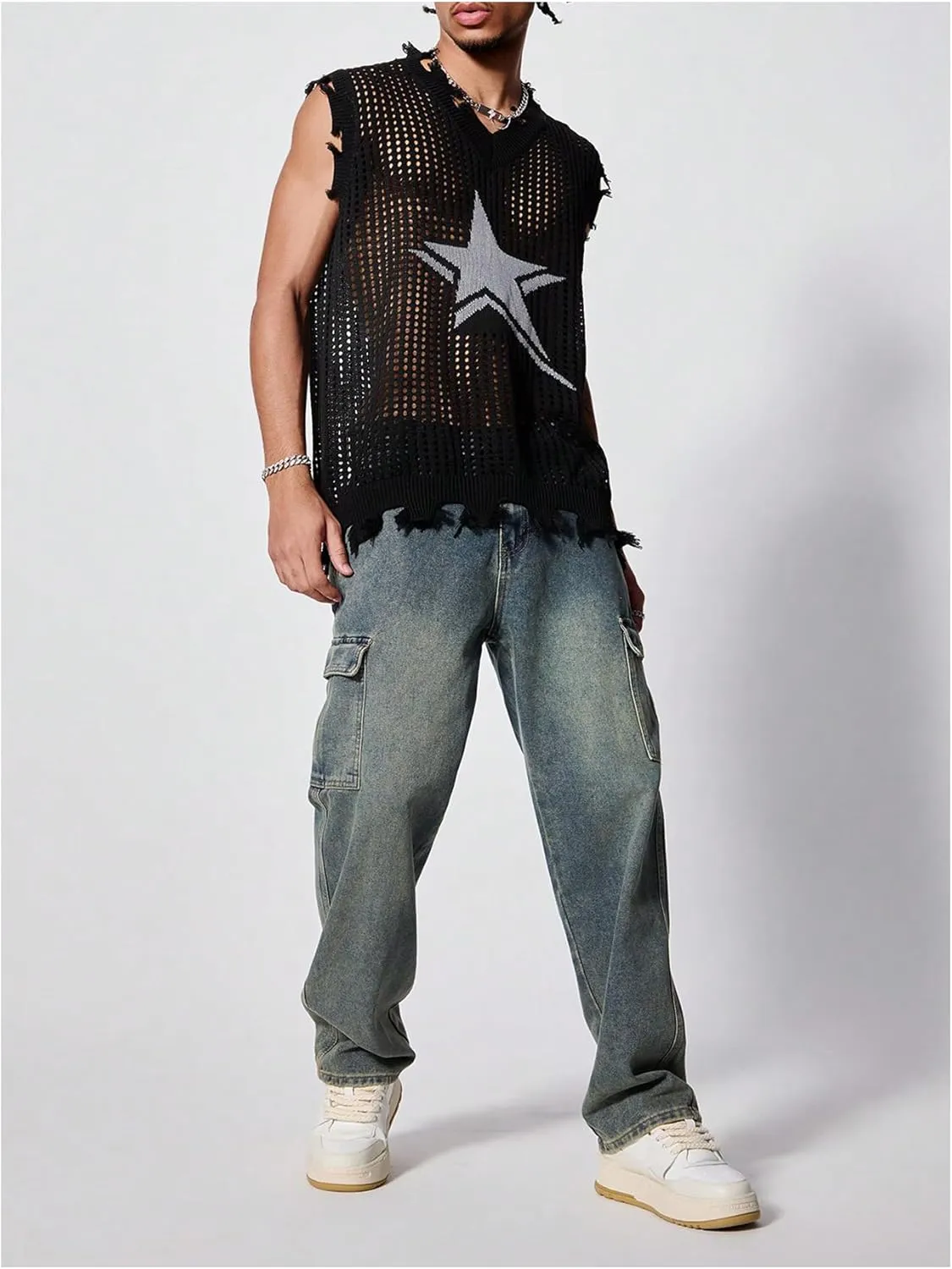 SHENHE Men's Ripped Hollow Out Star Sweater Sheer Distressed Sleeveless Grunge Sweater Tank