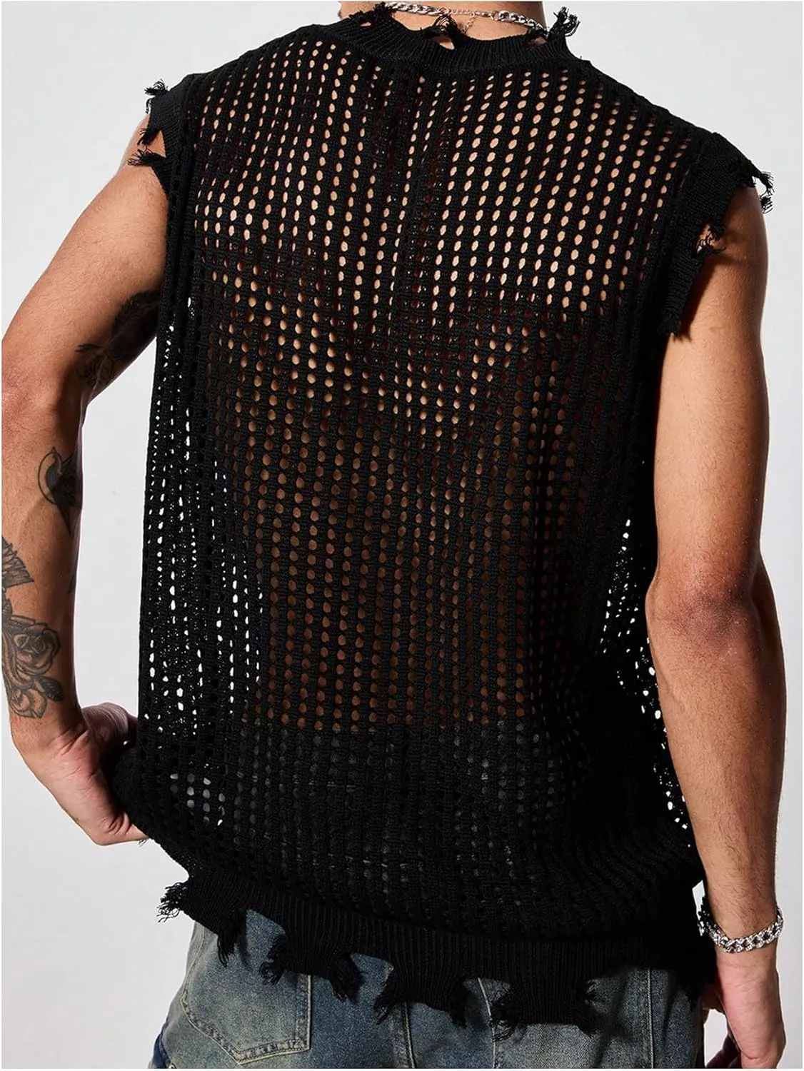 SHENHE Men's Ripped Hollow Out Star Sweater Sheer Distressed Sleeveless Grunge Sweater Tank