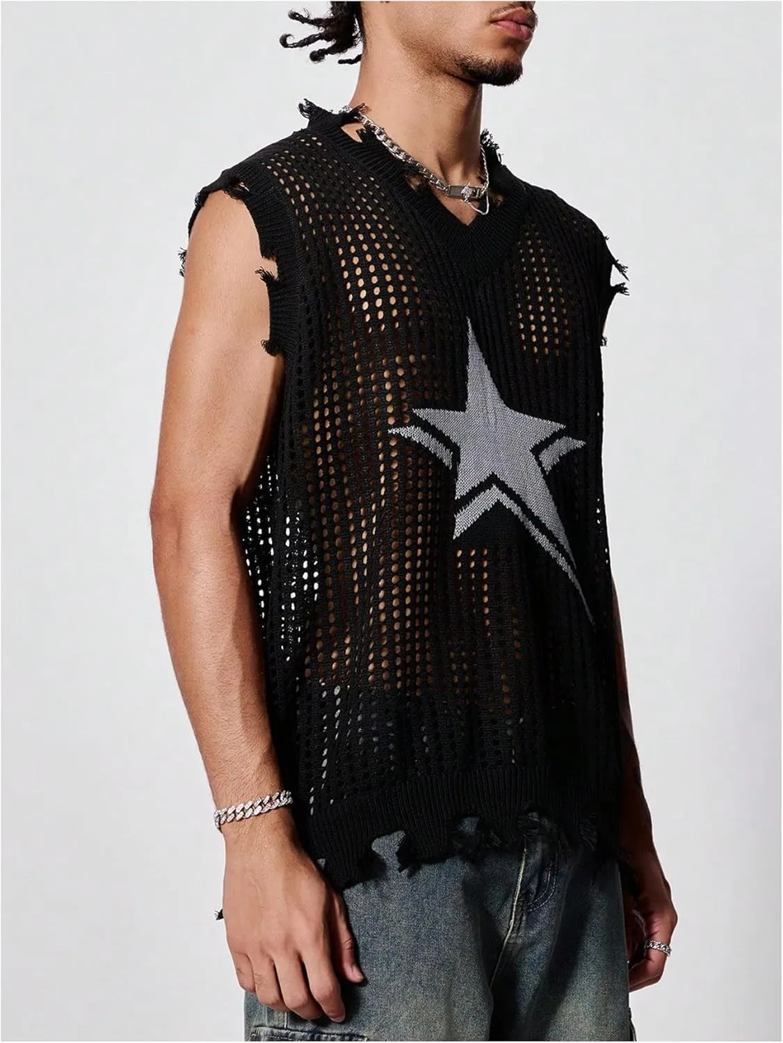 SHENHE Men's Ripped Hollow Out Star Sweater Sheer Distressed Sleeveless Grunge Sweater Tank