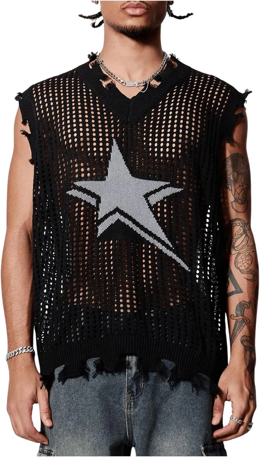 SHENHE Men's Ripped Hollow Out Star Sweater Sheer Distressed Sleeveless Grunge Sweater Tank