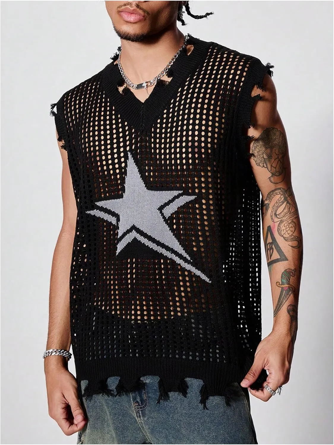SHENHE Men's Ripped Hollow Out Star Sweater Sheer Distressed Sleeveless Grunge Sweater Tank