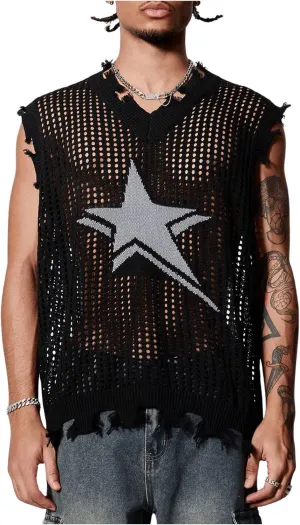 SHENHE Men's Ripped Hollow Out Star Sweater Sheer Distressed Sleeveless Grunge Sweater Tank