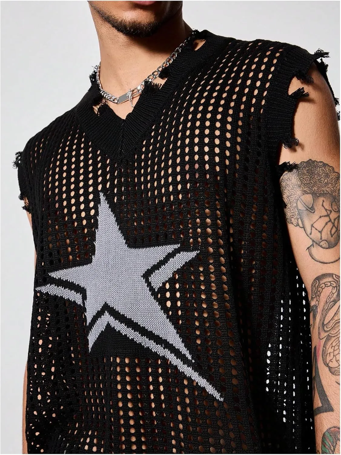 SHENHE Men's Ripped Hollow Out Star Sweater Sheer Distressed Sleeveless Grunge Sweater Tank