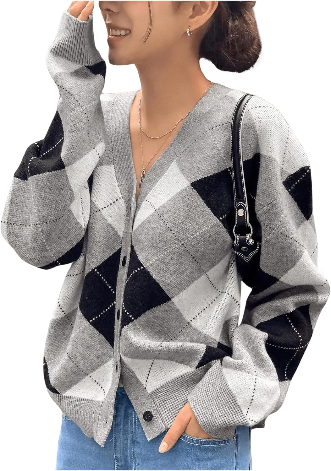 SHENHE Women's Argyle Sweater Button Down V Neck Plaid Cardigan Sweater Outerwear