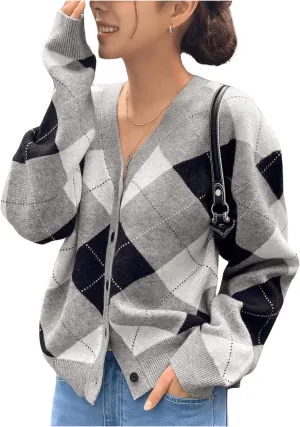 SHENHE Women's Argyle Sweater Button Down V Neck Plaid Cardigan Sweater Outerwear