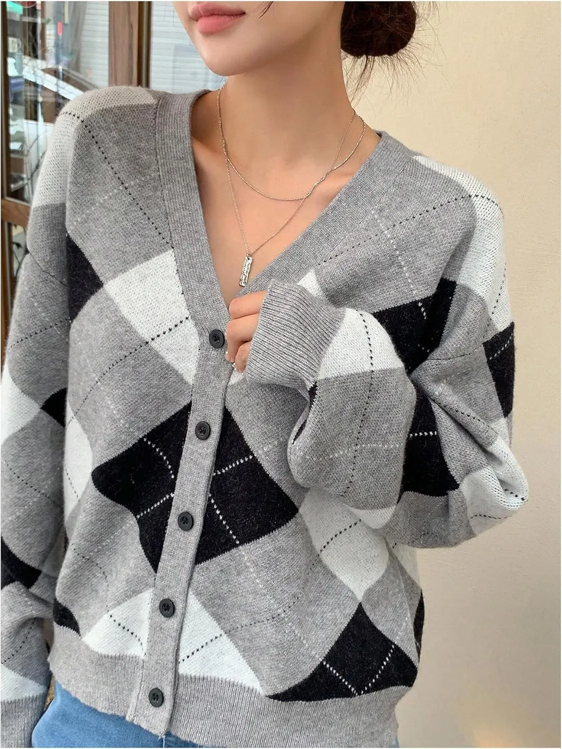 SHENHE Women's Argyle Sweater Button Down V Neck Plaid Cardigan Sweater Outerwear